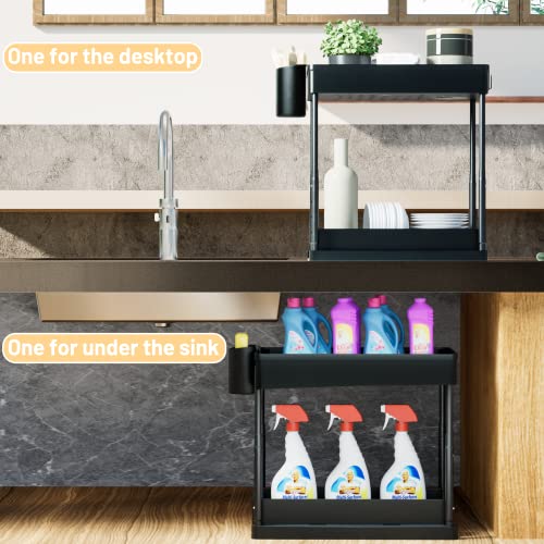 Seculiving Under Sink Organizer, 2 Pack Adjustable Height Pull-Out Under Cabinet Storage With 8 Hooks 2 Cups, 2 Tier Under Sink Organizers And Storage For Bathroom, Kitchen, Cabinet, Countertop #TOP6