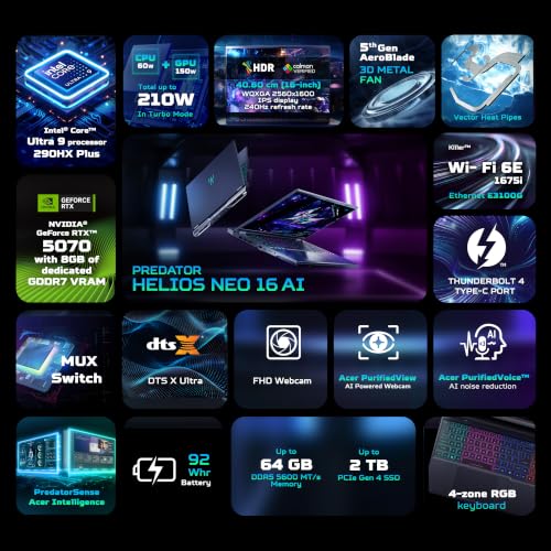 Image of Acer Predator Helios Neo 16 AI, Intel Core Ultra-9 290HX+, NVIDIA GeF RTX 5070-8GB, 16GB RAM /1TB SSD, (16 inch) WQXGA IPS, 240Hz /92Whr, Win 11H, Abyss Black, 2.7Kg, PHN16-I71, RGB KB, Gaming Laptop