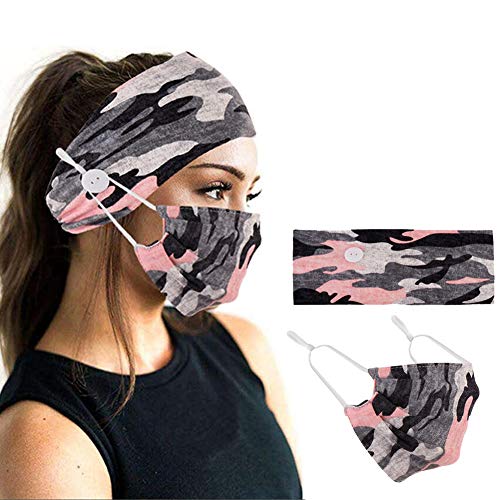 2Pcs Button Headband and Mask for Women Turban Soft Yoga Sports Elastic Hair Fashion Hair Band with Mask for Nurse Mask Headband with Buttons (Pink camouflage)