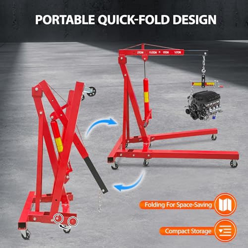 LOCKIETTA Engine Hoist with Lever, 2 Ton 4450 LBS Heavy Duty Engine Lift Cherry Picker, Foldable Engine Crane Shop with 6 Casters and Telescopic Boom Hitch, Red - Thumbnail 3