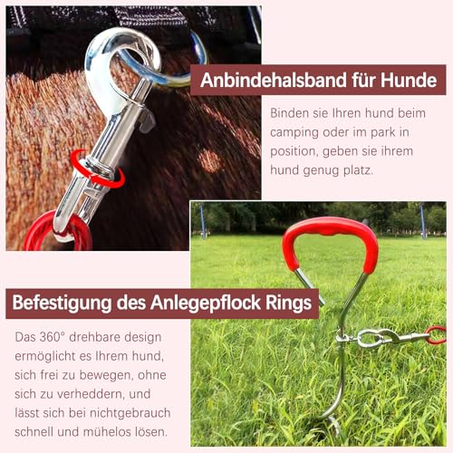 Anlegepflock mit Leine, Anlegepflöcke für Camping Hund, Hundehofpfahl mit Kabelbinder, 6m Hundekette für Camping, Hundetrainingsleinefür mittel Große Hunde