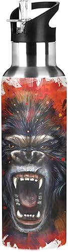 ALAZA King Kong - Botella de agua para niños con tapa con pajilla, botella de agua aislada de acero inoxidable Furious Kids a prueba de fugas para