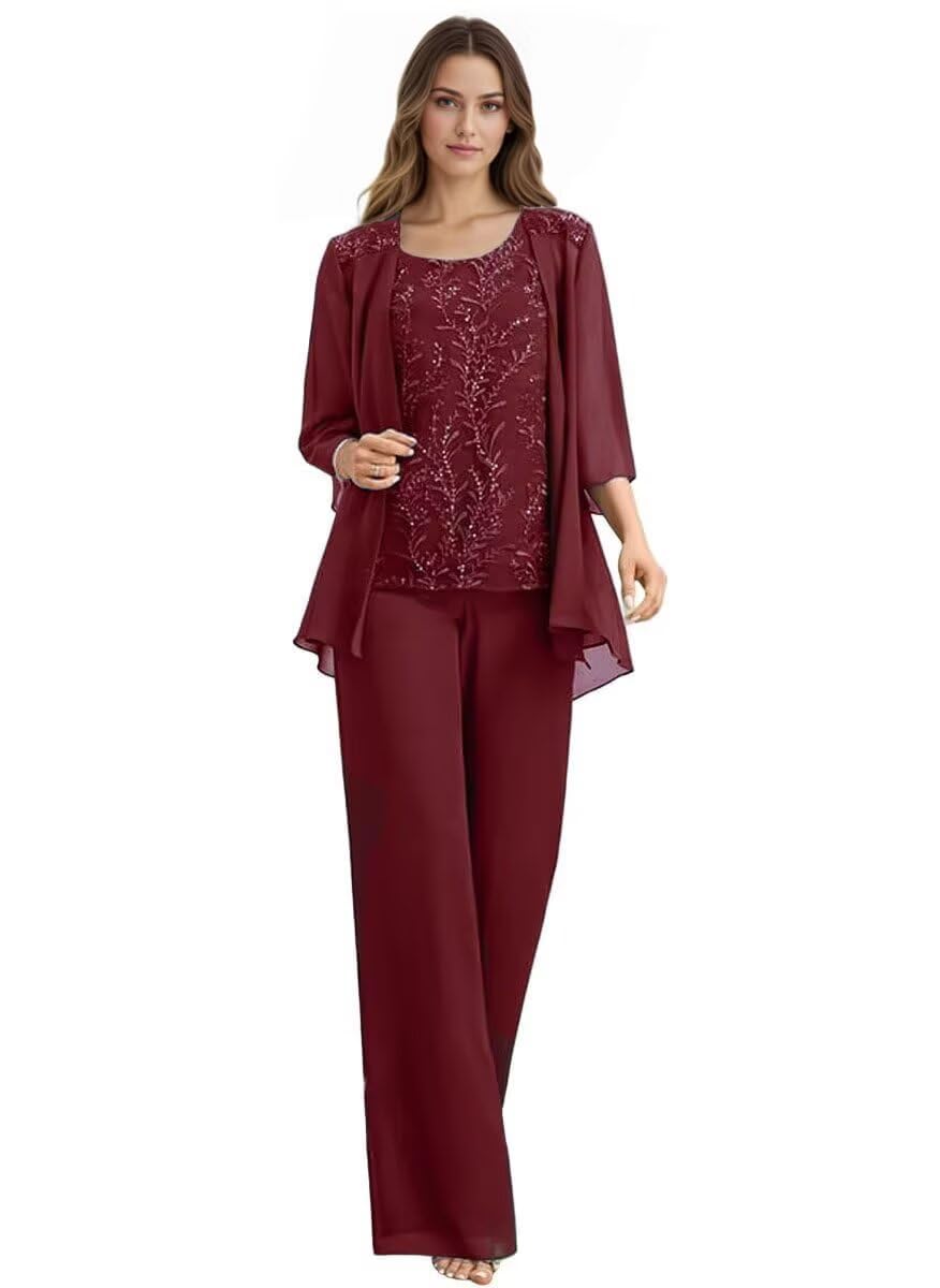 Chiffon 3 Pieces Mother of The Bride Pant Suits with Jacket for Mother of The Groom Dresses Lace