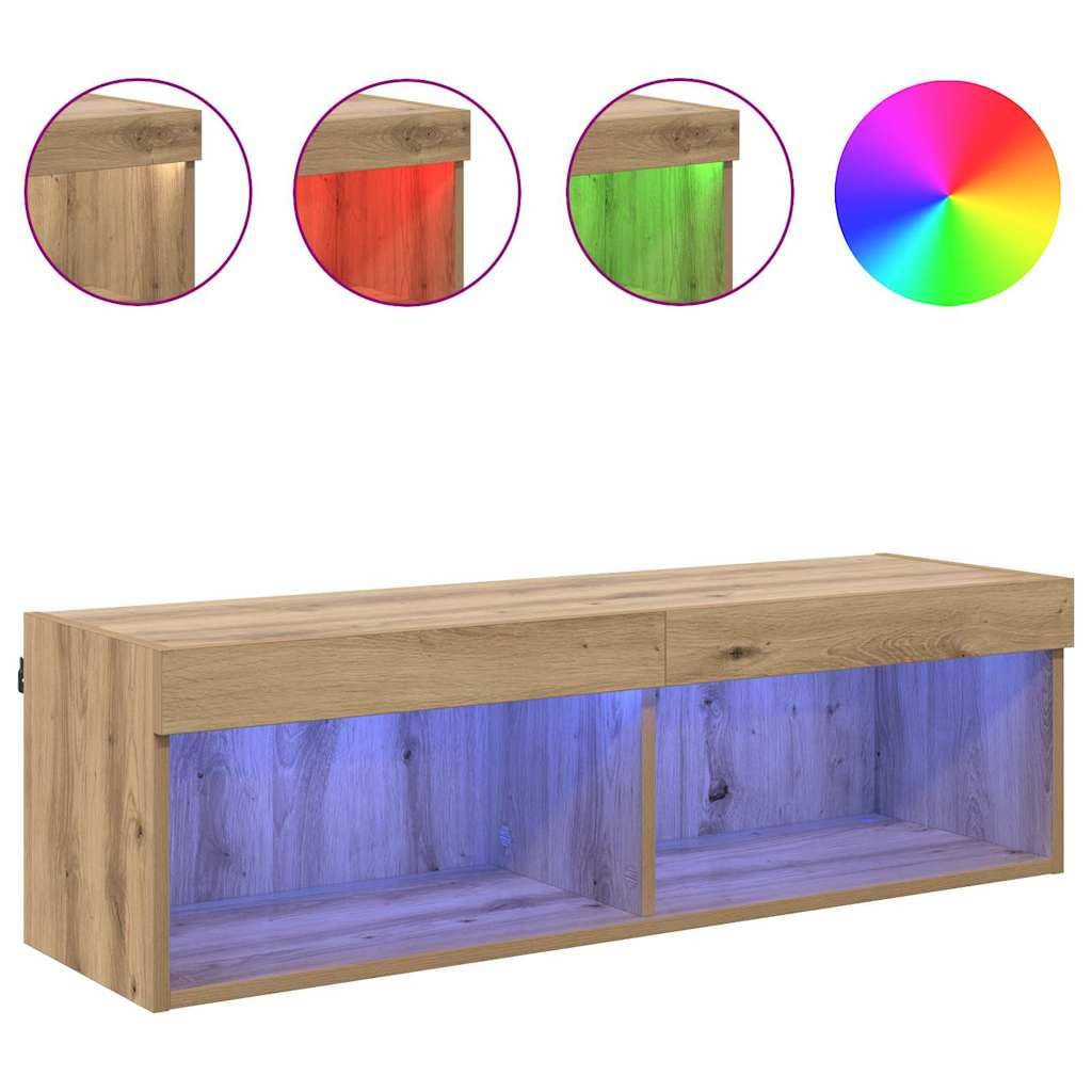 Szafka RTV wisząca LED z oświetleniem LED Dąb rzemieślniczy 100x30x30 cm nowoczesna półka pod telewizor do salonu z drzwiami i miejscem do przechowywania mebel na ścianę