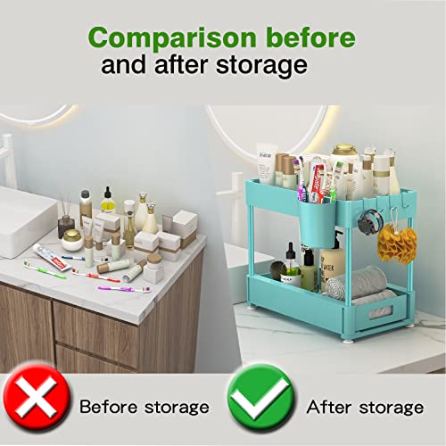 Under Sink Organizers And Storage 2 Pack, Zomilb Bathroom Organizer 2-Tier Sliding Kitchen Cabinet Organization With Hook, Hanging Cup, Multi-Purpose Under Sink Shelf Organizer For Home Storage, Blue #TOP6