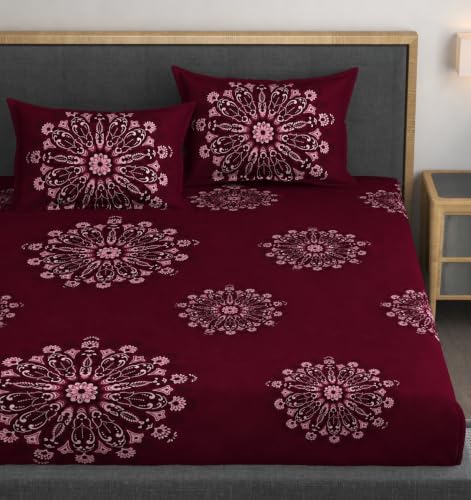 Image of Vaini Premium Heavy Cotton Flat Bedsheets with 2 King Size Pillow Covers || Double Bed 350 TC || 90 x 100 Inch King Size Flat || :- Maroon Big Flower