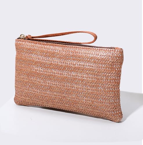 Bolsa clutch feminina de palha - Bolsa de mão boêmia verão praia com zíper, Marrom, Compact (8.6” x 5.1” x 0.55”)