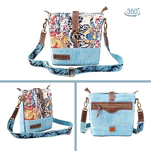 3B SHOUZO Messenger and Shoulder Bag - Blue Denim Shoulder Bag | Upcycled Vintage Canvas & Leather | Comes with 2 Different Straps3