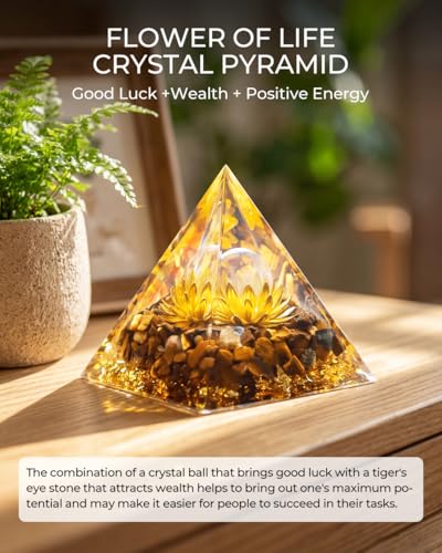 Image of Orgone Pyramid with Healing Crystals - (Flower of Life) - Energy Generator for Positive Vibe, Stress Relief & Chakra Reiki Meditation - Spiritual Gift for Success, Wealth & Prosperity (Golden)