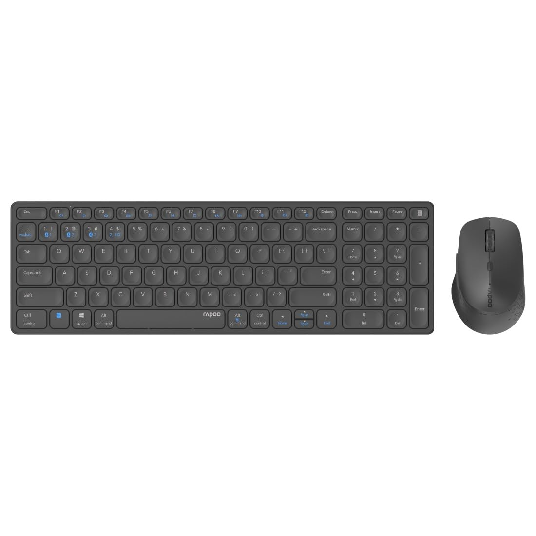 Rapoo Toetsenbord, draadloos, multi-mode, oplaadbaar, 9700 m (set toetsenbord en muis, oplaadbaar toetsenbord met 99 toetsen, AZERTY, muis met 5 toetsen, looptijd 12 maanden, ideaal voor laptop