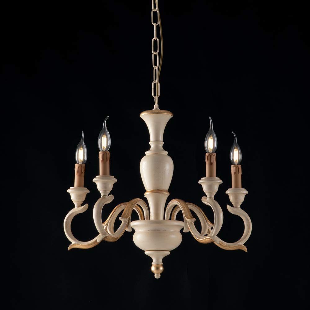 Lampadario in legno 5 luci, lampadario avorio e oro shabby chic, lampadario camera da letto in legno classico bon-38