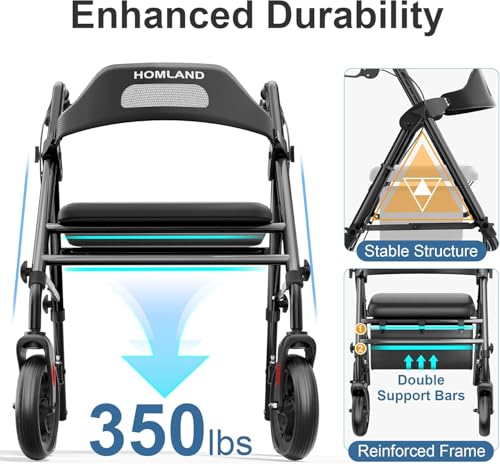 Image of HOMLAND Foldable Rollator Walker with Seat for Seniors, 16 inch Enlarged Seat | 8 inch Big Wheels, 16 inchx12 inchx1.9 inch Thick Padded Seat, Adjustable Seat & Handle Height, Tool-Free Assembly, All Terrain Mobility Aid