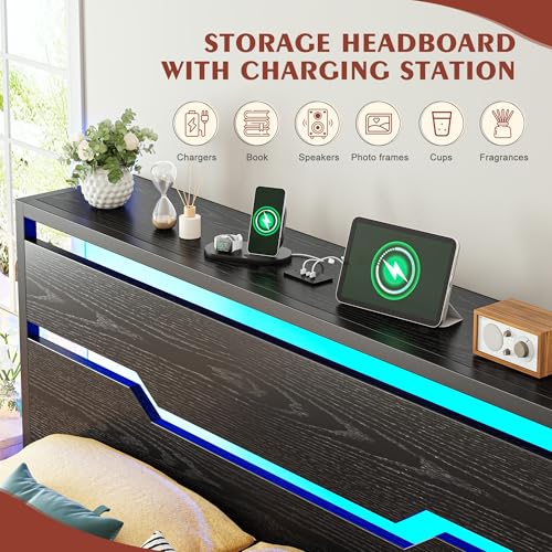 Image of Homkdom Full Size Bed Frame with 900LBS Heavy-Duty Metal Slats,USB Ports & LED Lights,Headboard Shelf, 10.24 inch Underbed Storage, Noise-Free, No Box Spring Needed, Modern Black