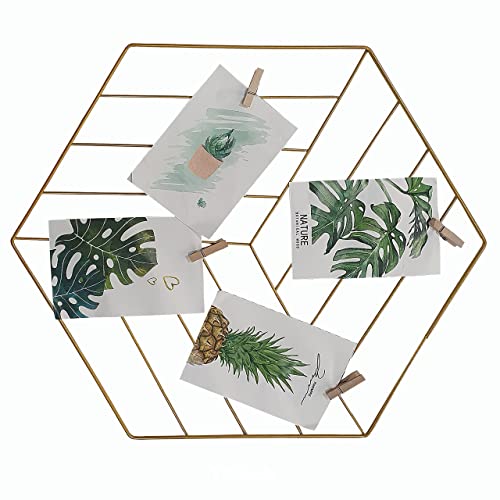 Image of Art Street Hexagon Shape DIY Metal Photo grid wall for photo hanging, wall decoration and display (size- 35 x 40 cm) -Photo clips included-Gold Color