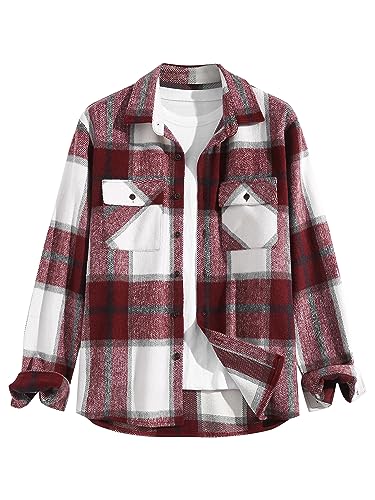 Image of ZAFUL Unisex Plaid Flannel Shirt Jacket Button Down Long Sleeve Pocket Coat Outwear | Mens Fall Clothes Lightweight Long Sleeve Button Down Flap Pocket Jacket Tops for Fall&Winter 2026