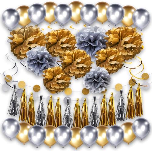 58 PCS Party Decorations - Paper Pom Poms Flowers, Balloons, Tassel Garland, Circle Paper Garland, Hanging Swirl (Gold and Silver).
