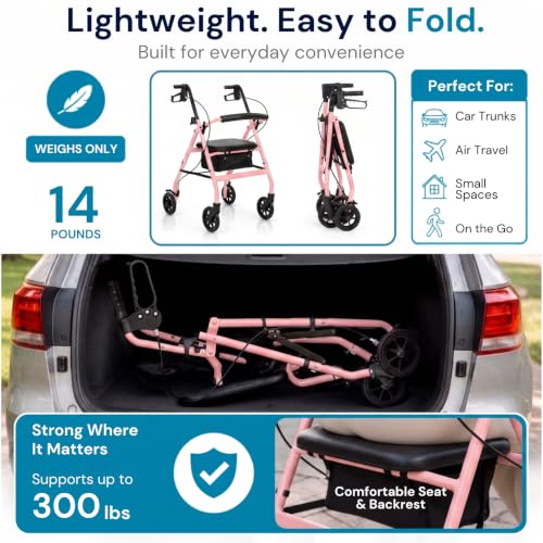 Image of Vive Ultra Lightweight Rollator Walker with Seat - Foldable, Narrow