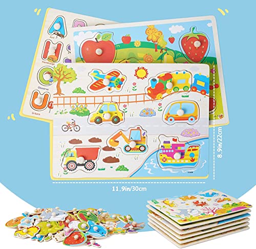 Wooden Peg Puzzles for Toddlers 6 Pack Wooden Jigsaw Set for Kids Alphabet Vehicles, Ocean, Dinosaur, Fruits and Farm - Image 4