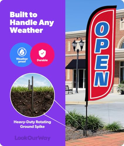 Image of LookOurWay Feather Flag Pole Kit - 7 Feet Tall Advertising Banner with Fiberglass Pole Set and Ground Spike for Business Promotion - Open Flags - Open Red & Blue