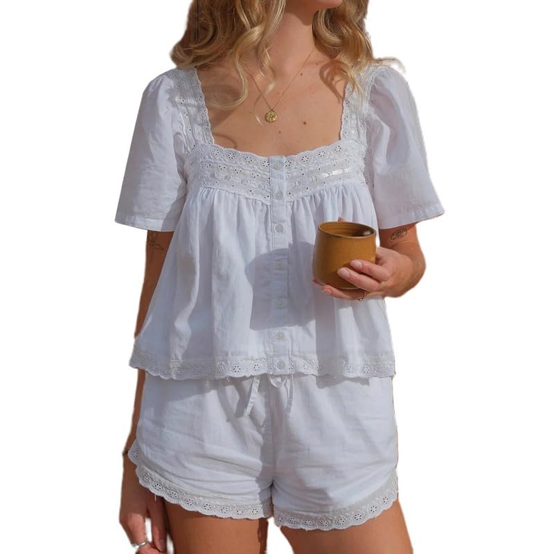 Image of ROAONOCOMO Women Floral Pajama Set Ruffle Puff Sleeve Peplum Shirt Coquette Pj Set Bow Babydoll 2 Piece Shorts Outfit