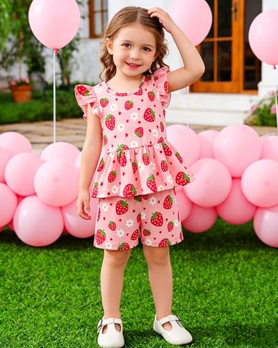 Image of Girls Summer Outfits Toddler Baby Girls Short Sets 2 Piece Clothing Set Flutter Sleeve Shirt and Short 2-7 Years