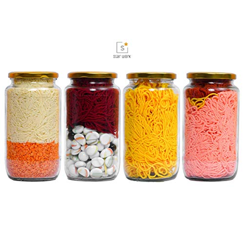 Image of STAR WORK 1000 Gram Glass Jar with Air Tight Gold Lid for Kitchen Dried Masla Storage Jar,Honey Jar,Jar and Container,Spice Masala Jar,Glass,Visible Glass Jar for Kitchen Storage Set of (4)