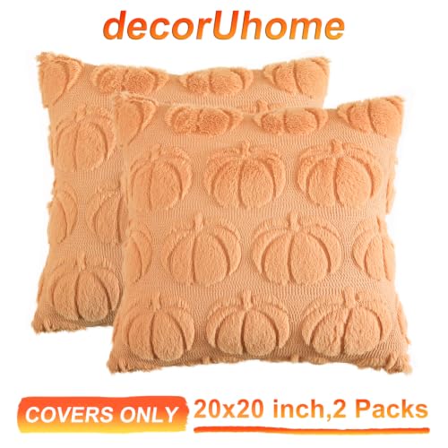 Image of decorUhome Fall Decorative Pumpkin Throw Pillow Covers 20x20 Set of 2, Soft Faux Fur Plush Farmhouse Accent Pillow Cases for Couch Bed Sofa Autumn Harvest Halloween Holiday Home Decor