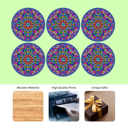Image of Zesta Coasters for Cups Set of 6 / Wooden Coasters for Bar Accessories for Home /Tea Coaster Set of 6 / Waterproof Dining Table Decor Glass Cover (Mandala - Purple, Circle)
