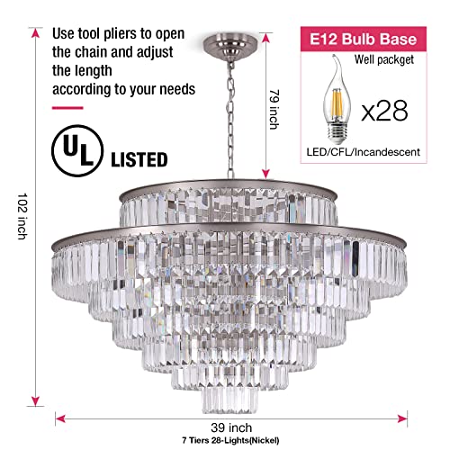 Modern Style Crystal Chandeliers Nickel 39 Inch Chandeliers & Lights Round Hanging Classic, Pendant Ceiling Chandelier Lighting Fixture 7-Tier For Dining Room Living Room #TOP4