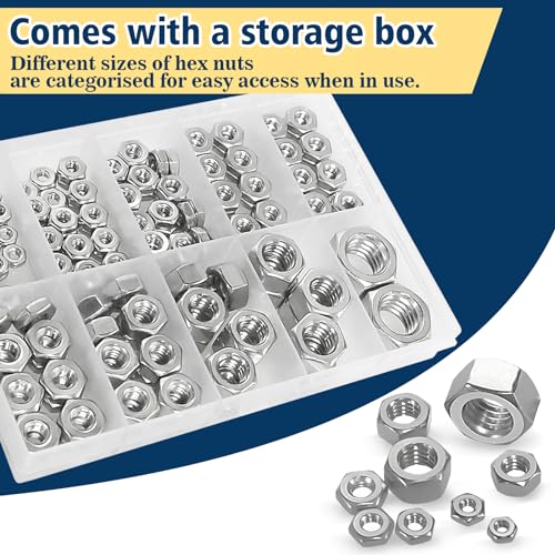 Vifmy A2-70 150Pcs Sae Hex Nuts Assortment Kit,4#40 6#32 8#32 10#24 10#32 12#24 1/4-20 5/16-18 3/8-16 1/2-13 Hardware Nuts Sets,304 Stainless Steel thumb #4