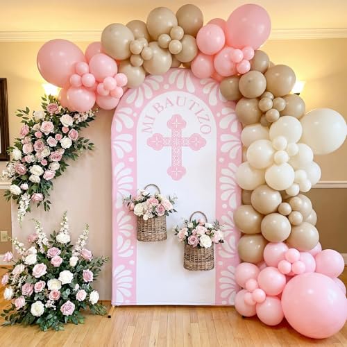 Lunmon 6ft Pink Mi Bautizo Arch Backdrop Cover Cielito Lindo Baby Shower Party Decoration Holy Communion Baptism Backdrop Mexican Papel Picado Arch Cover for Religious Baptism God Bless Photo Props