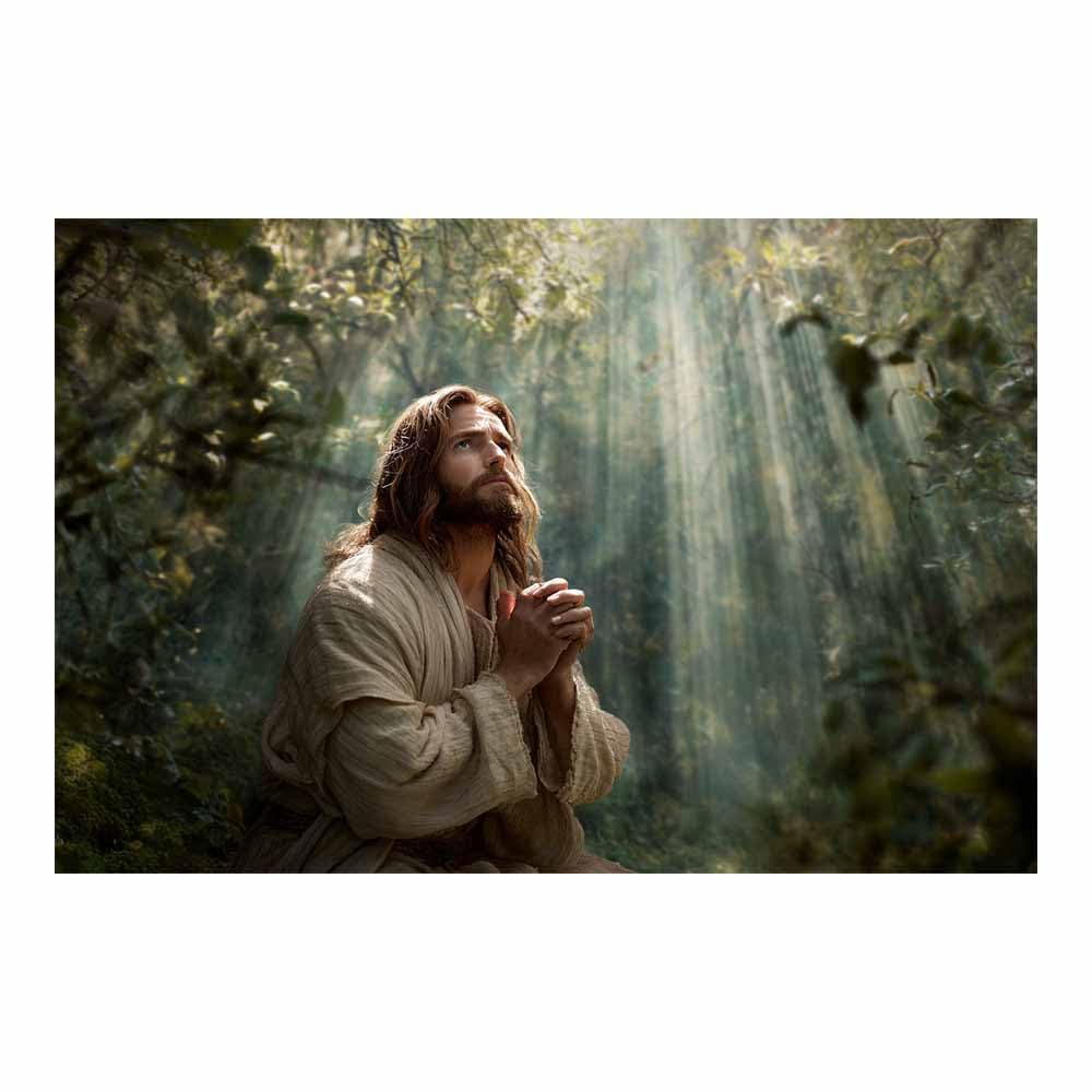 ZAMAEIU Jesus Canvas Wall Art Praying in thes forests large mural decoration,Catholic home decor for Church Office Living Room Bathroom Inspiration Room(green0)-30x50cm Unframed