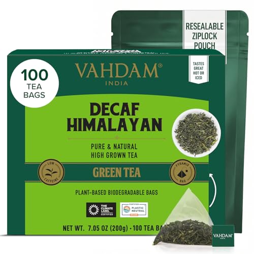 VAHDAM Decaf Himalayan Green Tea Bags (100 Pyramid Tea Bags) Caffeine Free Gluten Free | High Grown Decaf Green Tea | Resealable Ziplock Pouch | Pyramid Tea Bags