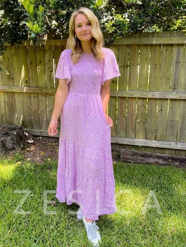 Zesica Women'S 2024 Summer Casual Floral Print Short Flutter Sleeve Crew Neck Smocked High Waist Flowy Maxi Dress,Purple,X-Large thumb #7