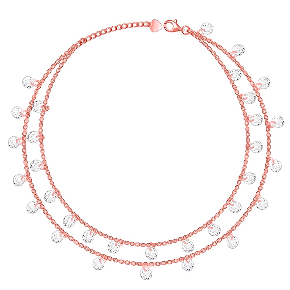925 Silver 18k Gold Plated Rose Gold Zircon Studded Black Bead Anklet | Gifts for Women & Girls