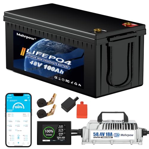 48V Lithium Battery Golf Cart Batteries Kit with Smart 200A BMS 58.4V 18A Charger Touch Monitor & Mobile APP 10000 Cycles 48V 100Ah LiFePO4 Battery Peak Current 1000A(3-5s) for Club Car, EZGO, Yamaha