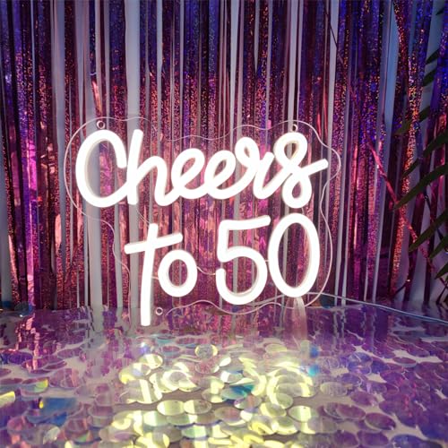 Image of Cheers to 50 Years Neon Sign 50th Anniversary Decorations, LED Lights Sign 50th Birthday Decorations for Living Room Bedroom Bar Birthday Wedding Party Decor, 9.4 inch x 7.9 inch