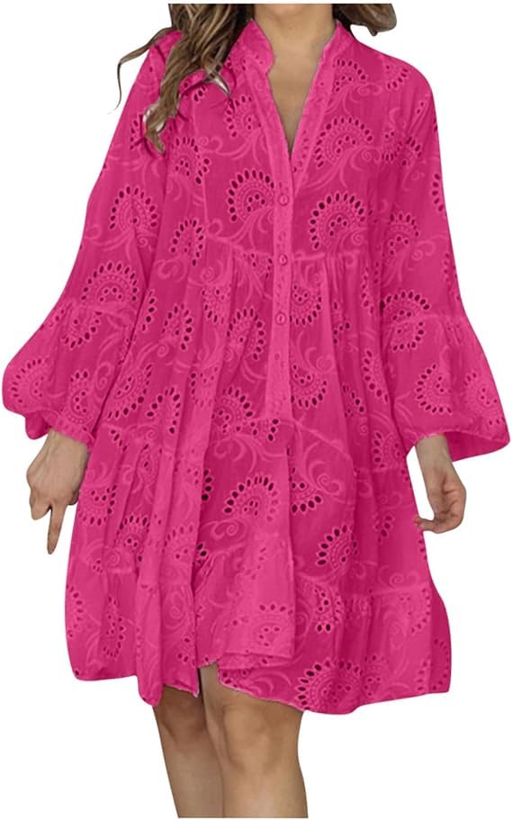 COALHO Women's Embroidery Lace Shirt Dress 2024 Loose Hollow Out Dress Summer Long Sleeve Button Down Short Dresses (rose Red,4XL)