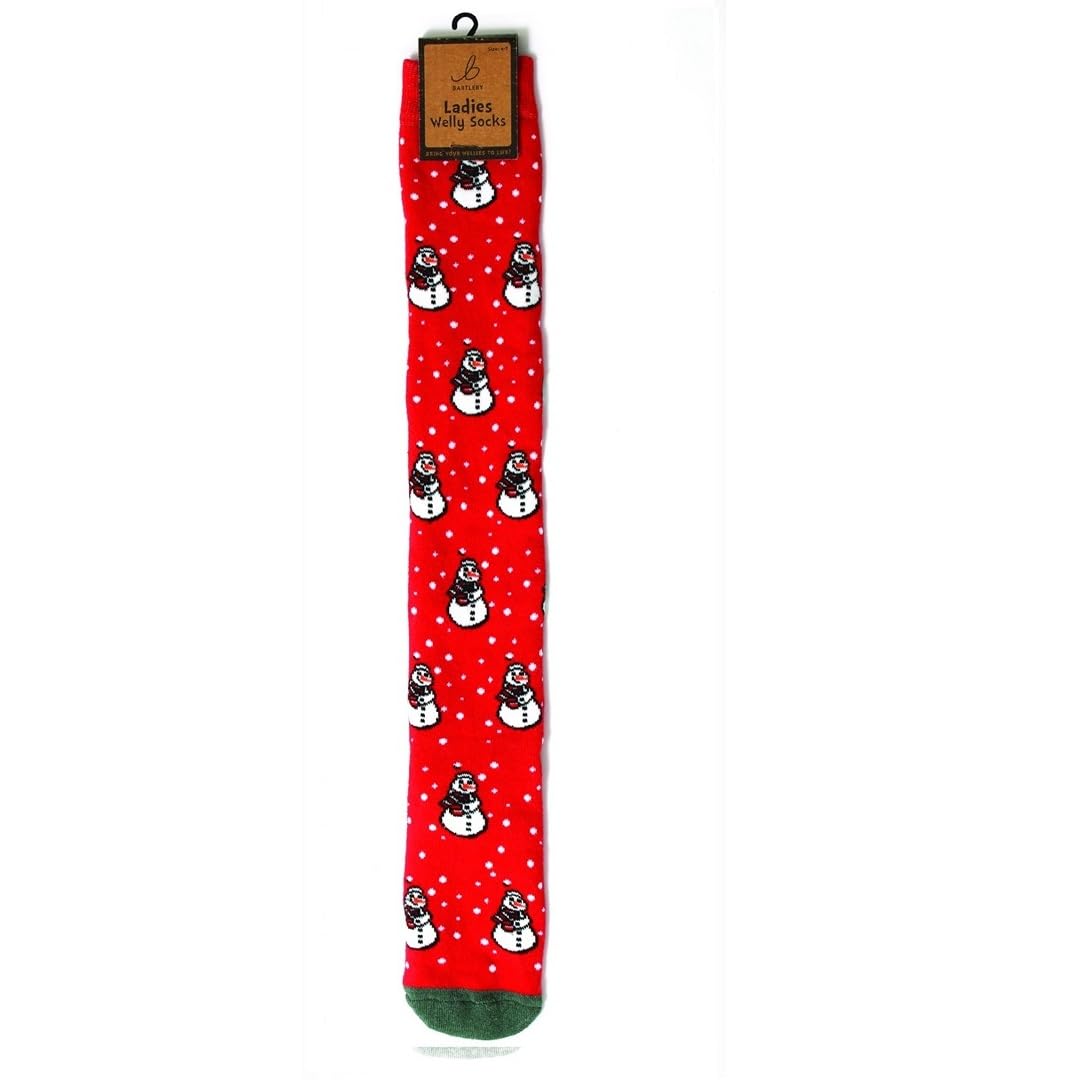 Bartleby Ladies Welly Socks - Snowmen Print, Red, Size 4-7, 1 Pair