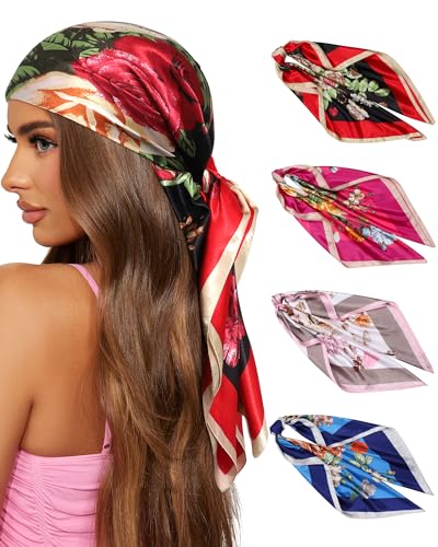 CHLINS 4 PCS Head Scarf for Women Satin Hair Scarf Large Silk Feeling Scarf Neck Scarves for Hair Wrapping 35 Inches
