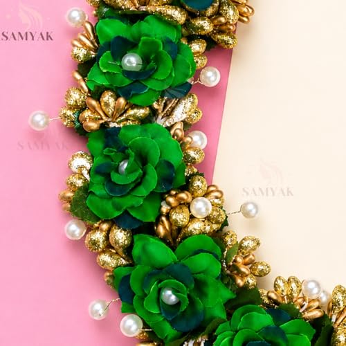 Image of Samyak Beautiful Hair Gajra Garland Handmade Floral Wedding Bridal Bridesmaid Hair Jewellery Bun | Juda Accessory | Tiara | Hair Vine | Hair Accessory | Hair Pin Clips Veni (Dark Green)