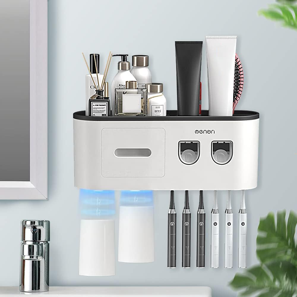 Toothbrush Holders Wall Mounted, Toothbrush Holder with Double Automatic Toothpaste Dispensers, 6 Brush Slots, 2 Magnetic Cups,1 Cosmetic Drawer Organizer and 1 Large Storage Tray(Black)