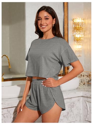 Image of OYOANGLE Womens Pajama Sets 2 Piece Sexy Lounge Sets Summer Cute Pjs Striped Print Tee and Side Split Shorts Set
