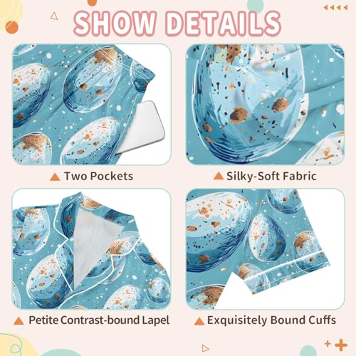 senya Watercolor Blue Egg Satin Summer Pajama Sets Silk Short Sleeve Button Down Sleepwear3