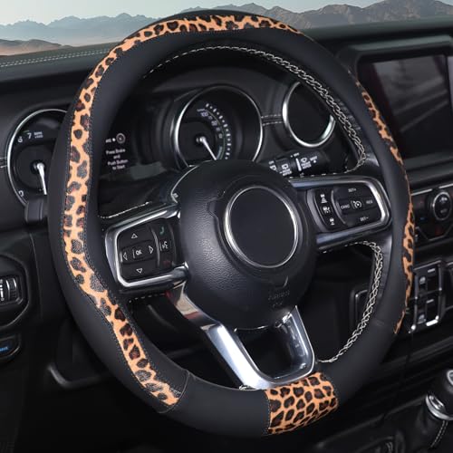 Leopard Steering Wheel Cover Breathable Microfiber Leather Universal 14.5-15 inch for Most Automotive Steering Wheel Cheetah Print Black