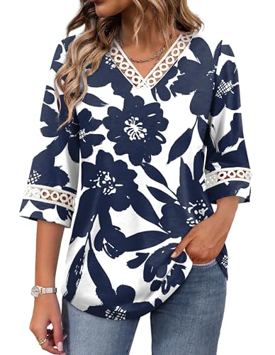WIHOLL Womens 3/4 Sleeve Tops Ladies Blouses UK Eyelet Lace V Neck T Shirts Office Wear Summer Outfits Navy Flower Size 18-20