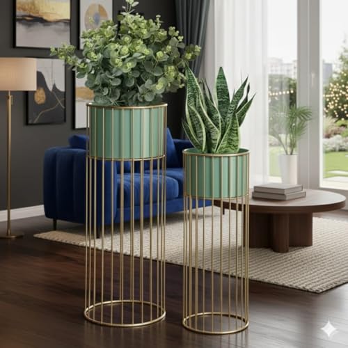 Image of Inspired Creations Premium Metal Planter Stand for Indoor Plants - Set of 2, Modern Decorative Gold Flower Pot Stands for Living Room, Home Decor, Balcony & Garden (Sturdy & Rust-Proof)