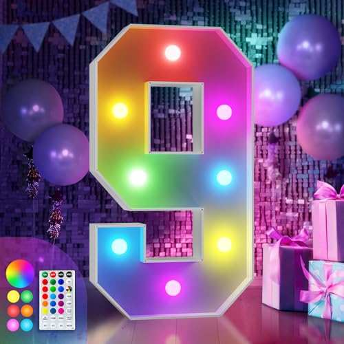 Image of Imprsv Colorful 3FT Marquee Numbers 9, 18 Colors Large Light up Numbers | RGB with Remote, Birthday Party Decorations Anniversary Wedding Decorations Assembly Required 20 Pcs Accessory Set