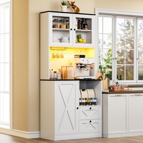 Frmobepts 71‘’Kitchen Pantry Storage Cabinet with LED Lights and Power Outlet, Tall Farmhouse Kitchen Hutch with Microwave Stand,Globet Hooks and Adjustable Shelf for Dining Living Room,White
