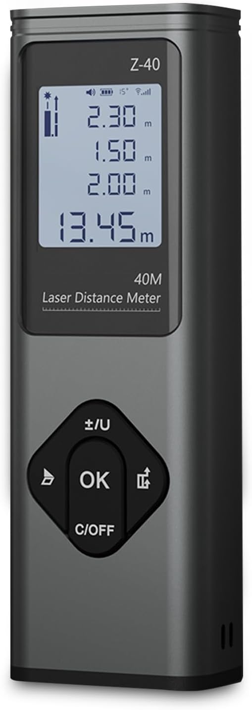 ముందు view of the RONGUAN Laser Measure showing the display and control buttons.